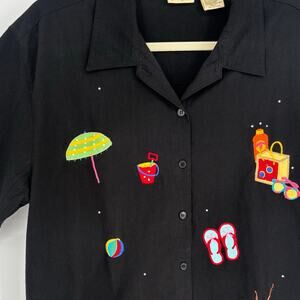 Bobbie Brooks Black Embroidered Beach Rhinestone Button-Up Shirt Size L
